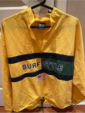 Surf Style Yellow Half-Zip Windbreaker with Navy & Green Stripes